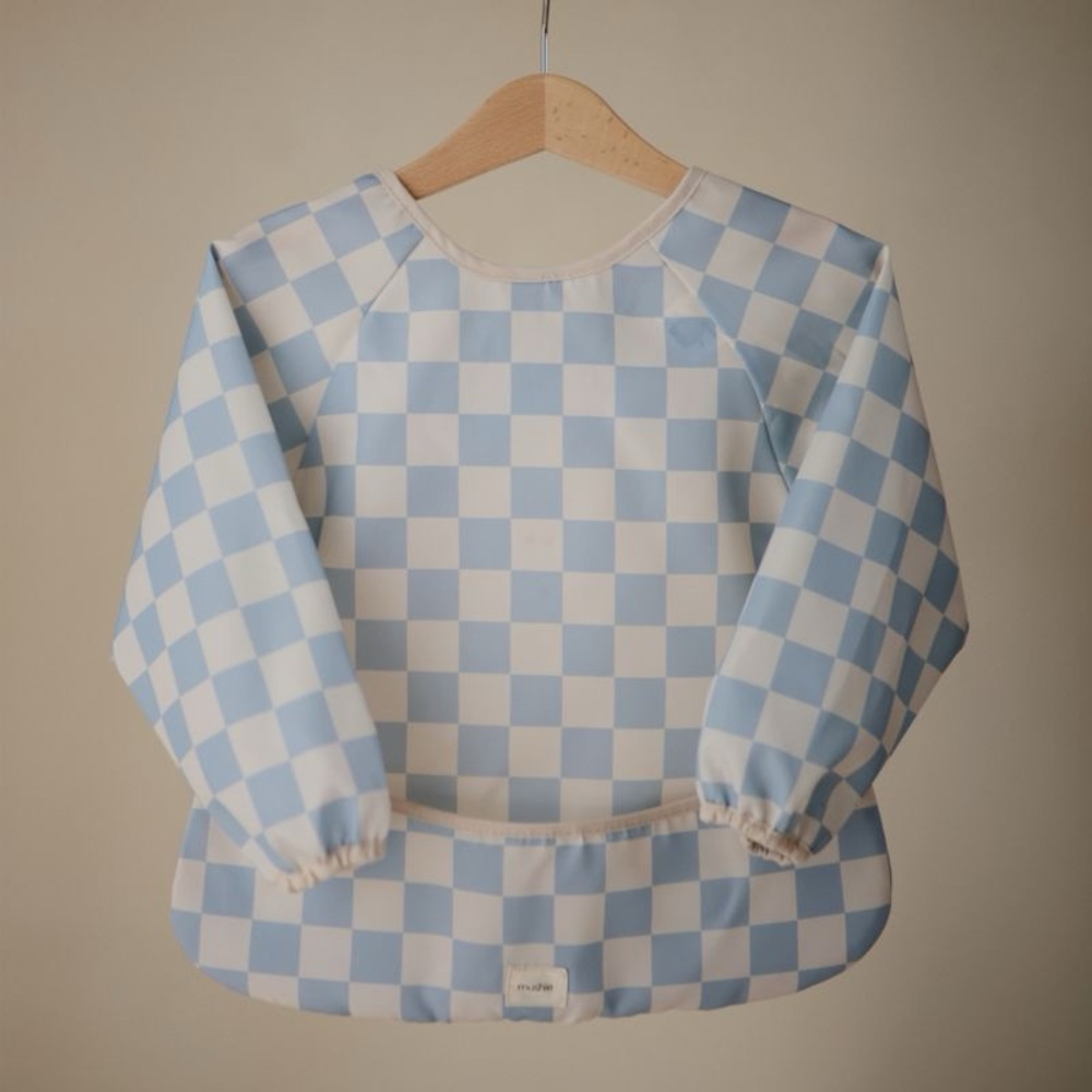 Mushie Blue Check Long Sleeve Bib x2